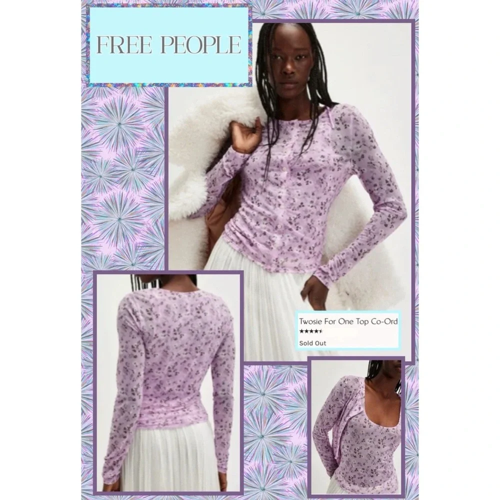 NWOT Free People Twosie For One Mesh‎ Top Set Y2K Floral Size XS Lilac Combo